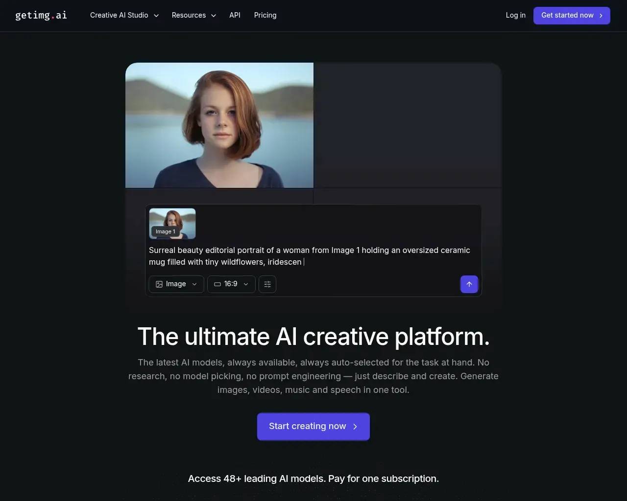 getimg.ai homepage — the AI creative platform hero with a prompt box and the line "Access 48+ leading AI models"