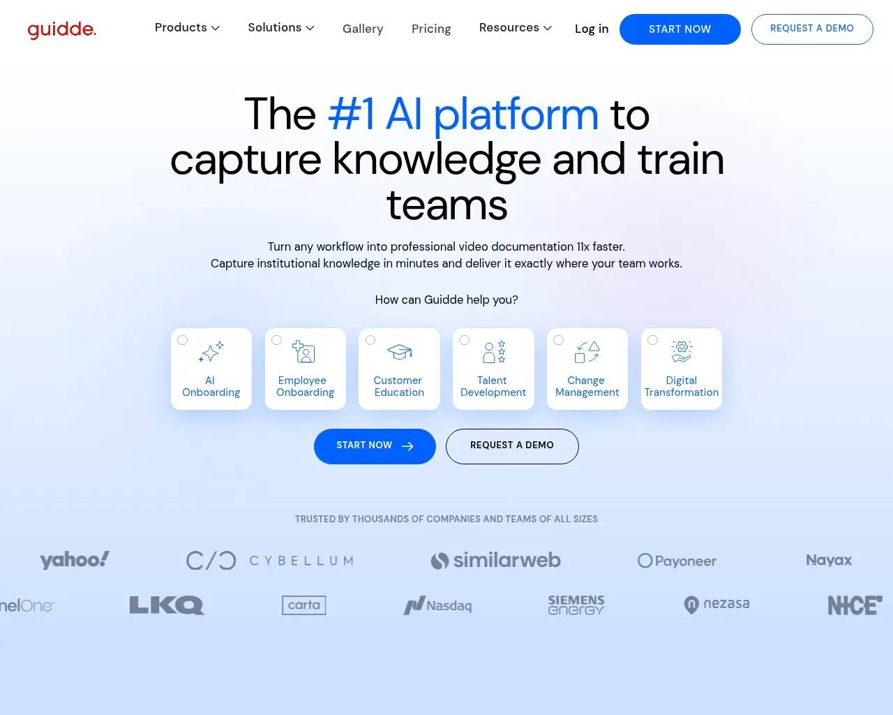 Guidde's How it works page, explaining the capture-to-guide flow