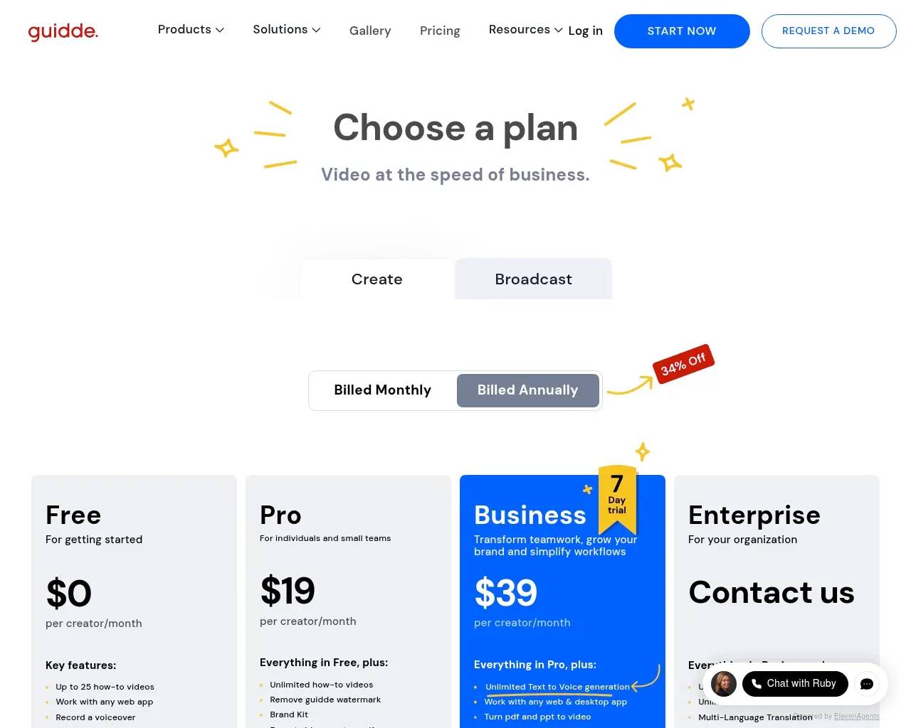 Guidde pricing — Free, Pro at $29, and Business at $59 per creator per month, with an Enterprise tier