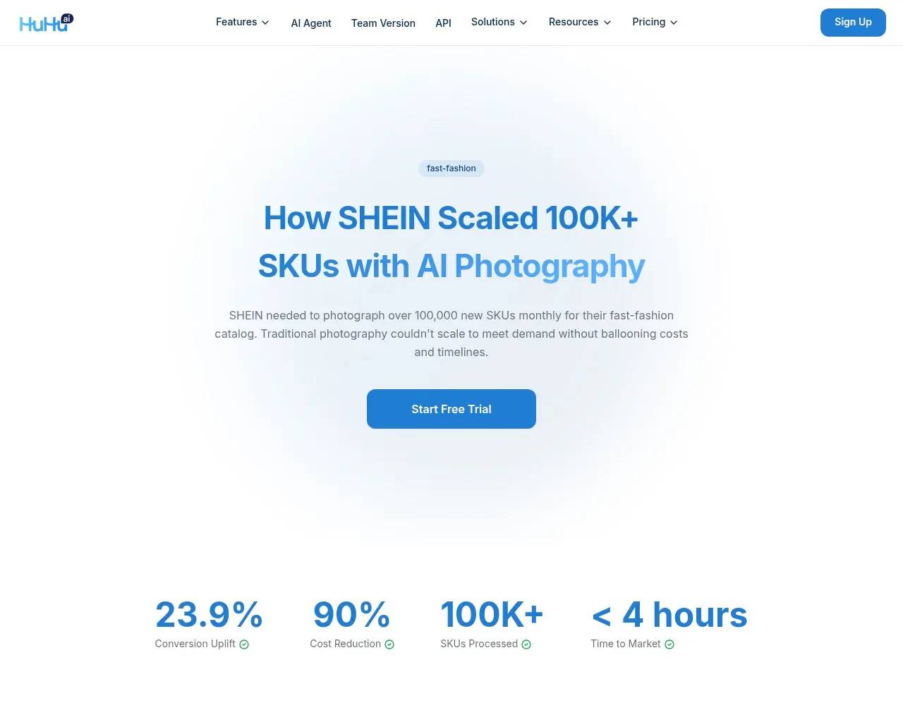 HuHu AI SHEIN case study page — 100K+ SKUs, conversion and cost-reduction figures