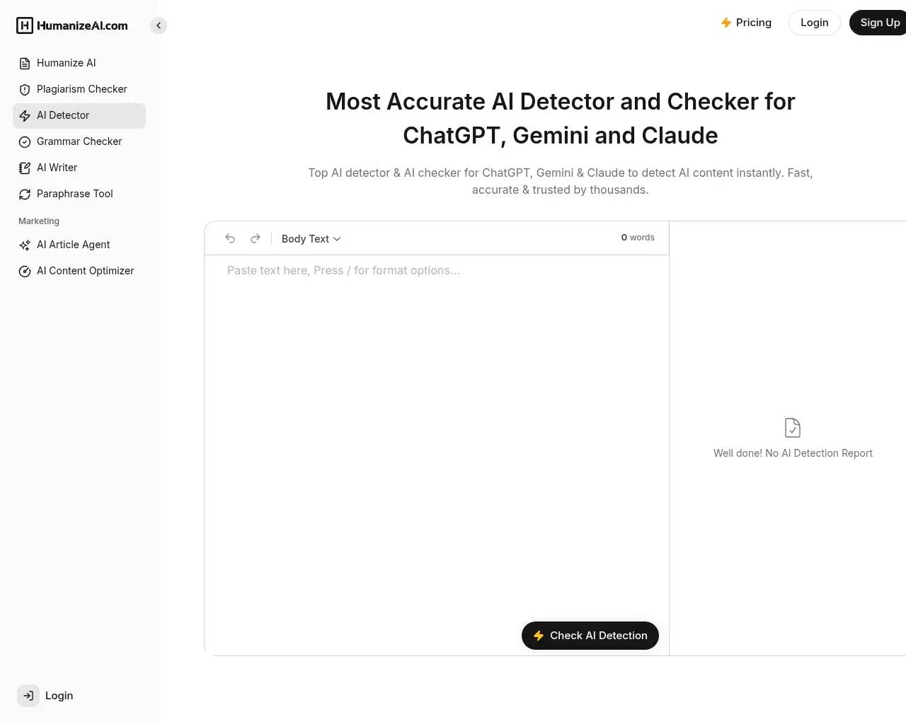 HumanizeAI.com AI Detector page — a paste box with a "Check AI Detection" button and a "No AI Detection Report" result