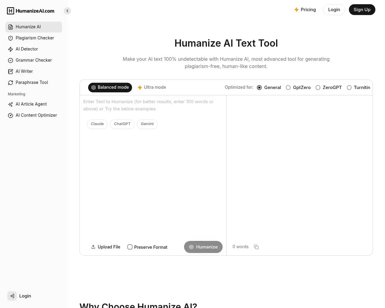 HumanizeAI.com homepage — the Humanize AI Text editor with Balanced and Ultra modes and detector presets for GptZero, ZeroGPT and Turnitin