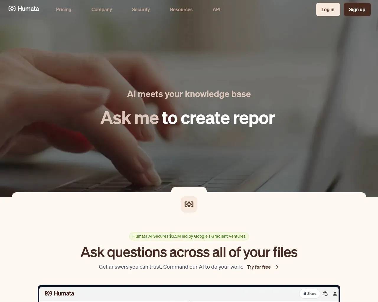 Humata homepage — 'AI meets your knowledge base' hero with the ask-your-documents pitch