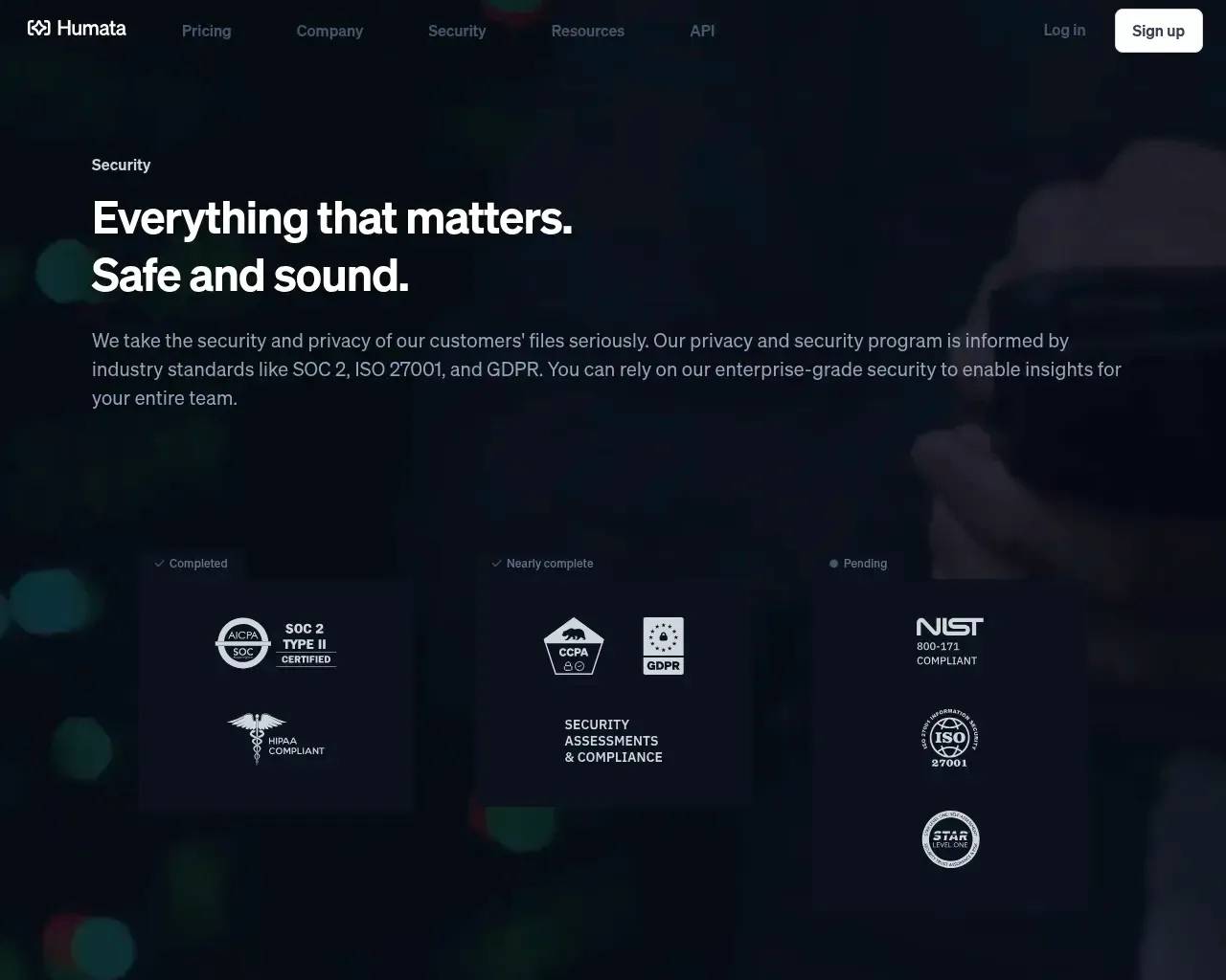 Humata security page — SOC 2 Type II, encryption and SSO/SAML details