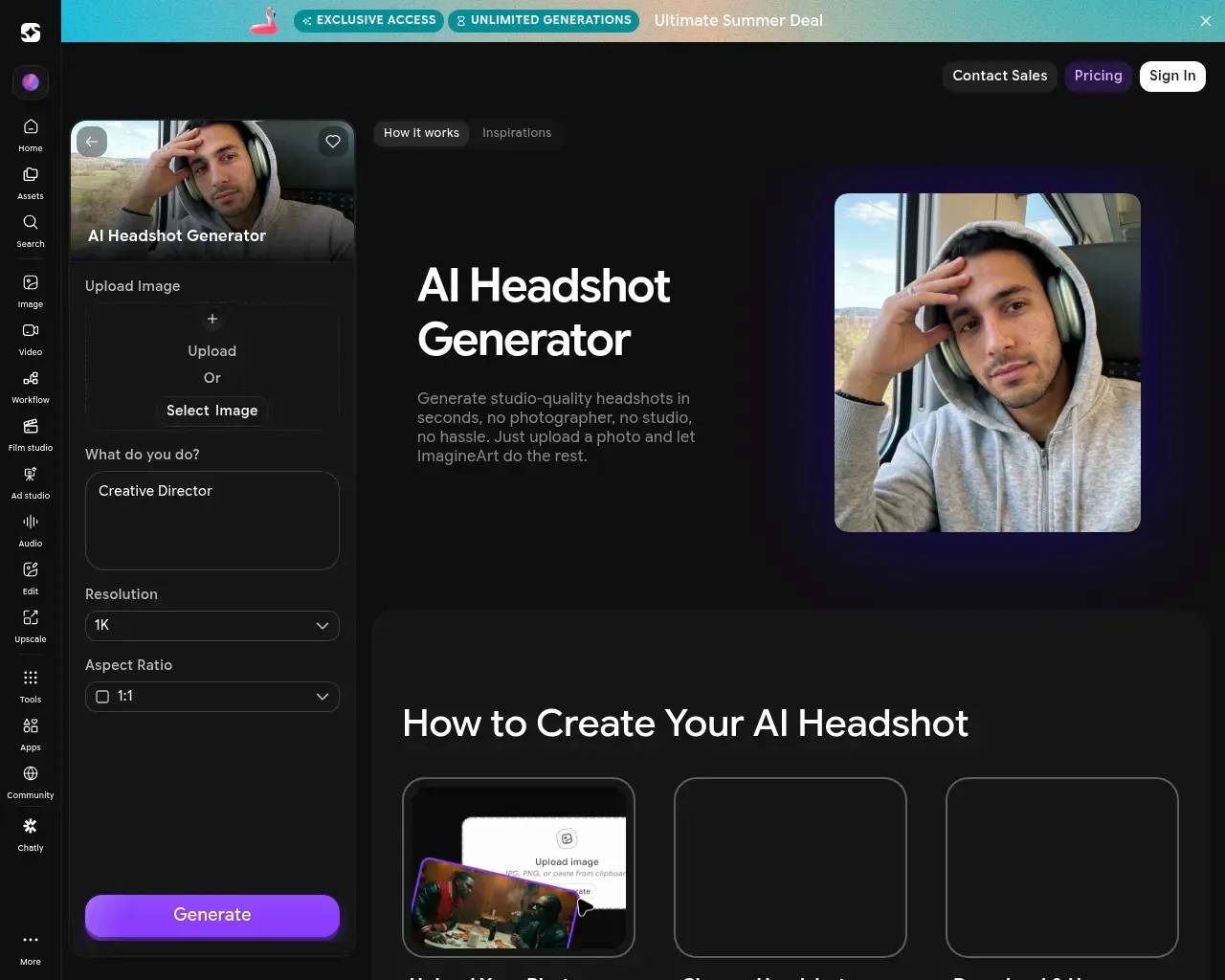 ImagineArt AI Headshot Generator interface — an upload panel with a role field set to "Creative Director," resolution at 1K, a 1:1 aspect ratio, and a Generate button, beside a sample generated headshot