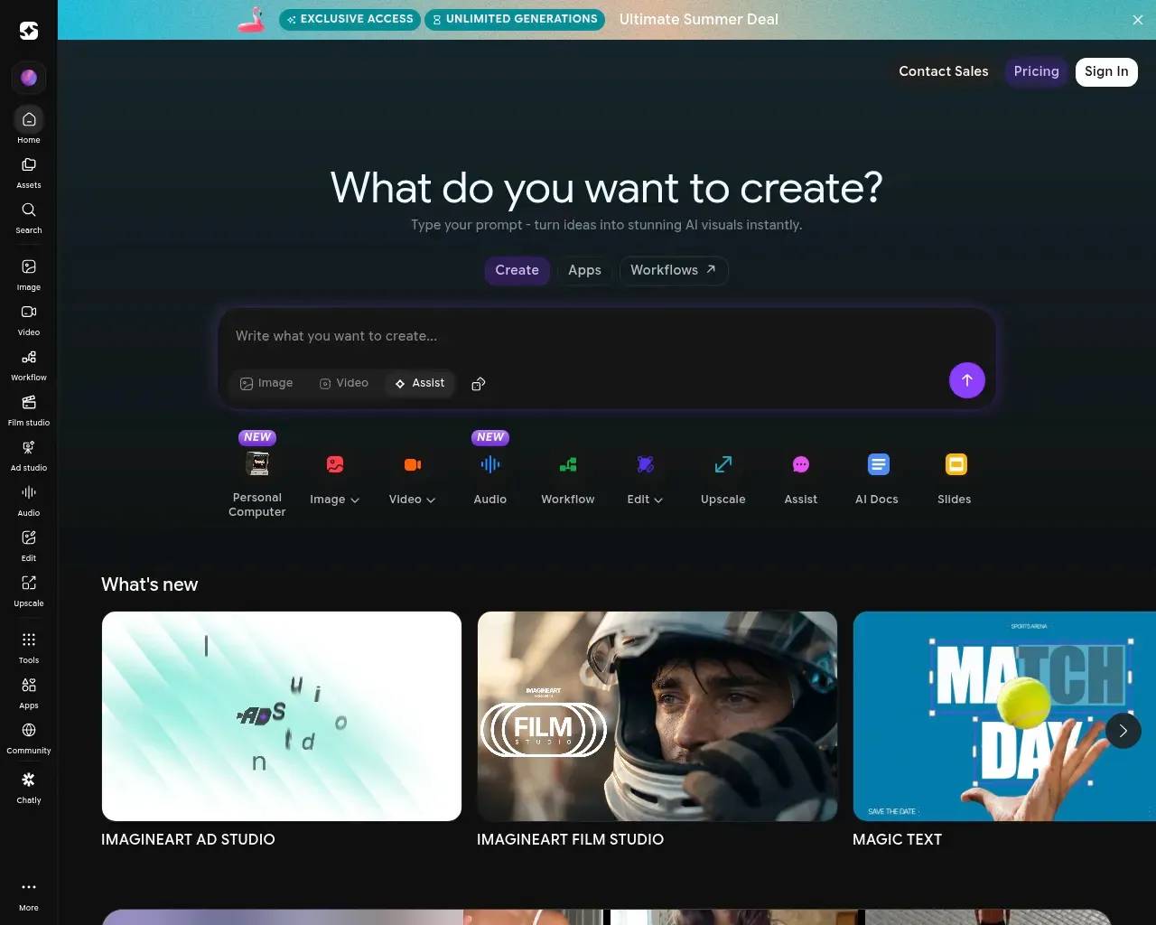 ImagineArt's homepage: a "What do you want to create?" prompt box above shortcuts for Image, Video, Audio, Workflow, Edit, Upscale, Assist, AI Docs and Slides