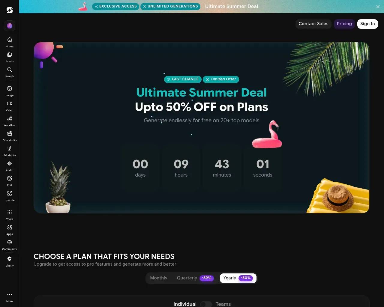 ImagineArt's pricing page showing Monthly, Quarterly (-39%) and Yearly (-50%) billing toggles, Individual vs Teams options, and an "Ultimate Summer Deal" promotion