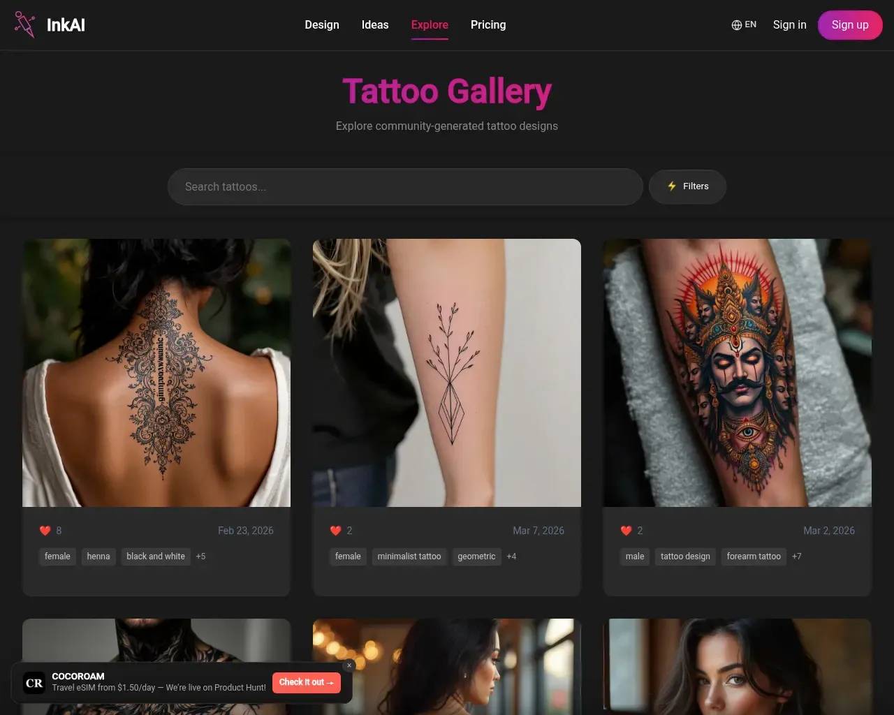 InkAI Explore gallery showing a grid of AI-generated tattoo designs contributed by users