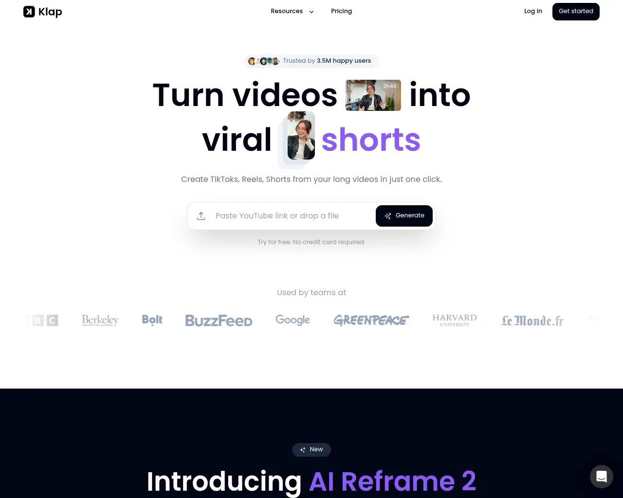 Klap homepage — the one-click "paste a YouTube link and generate viral shorts" hero