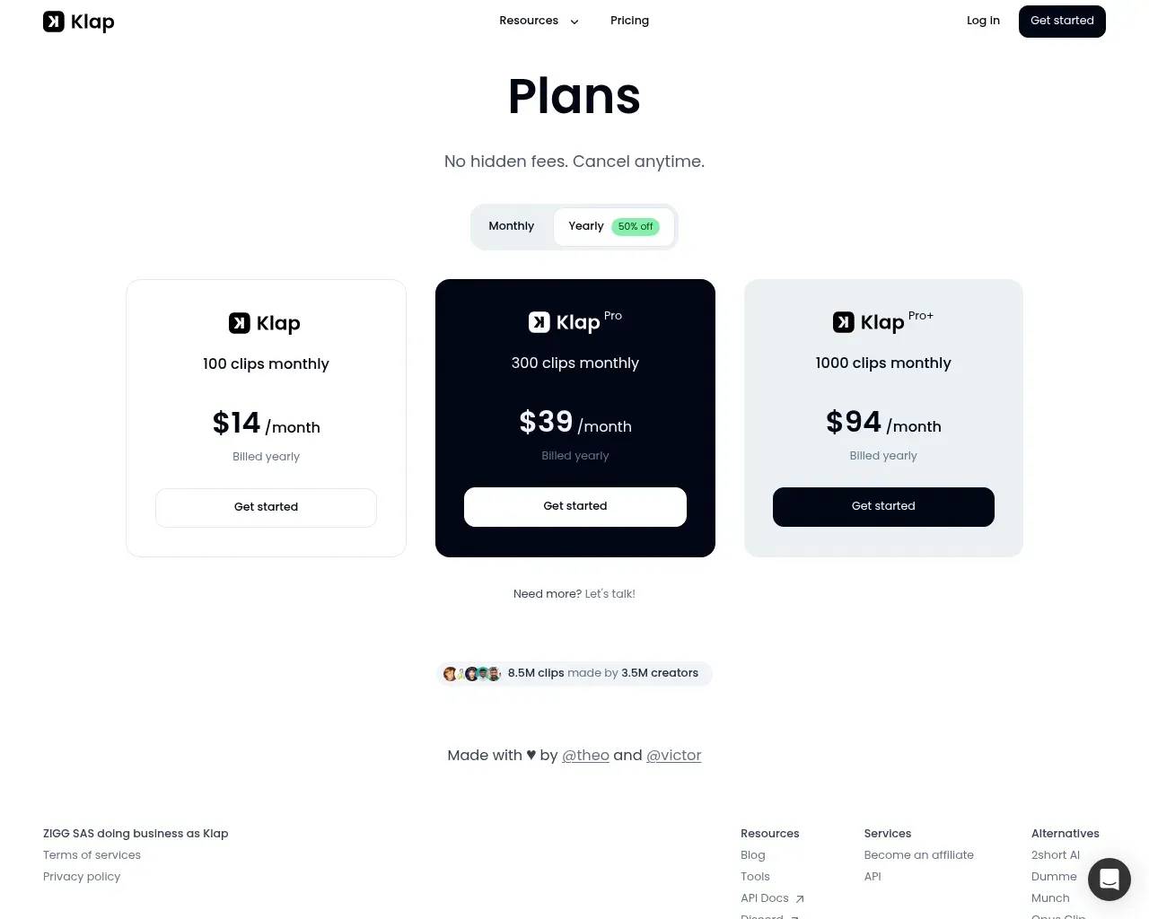 Klap pricing page — three annual tiers plus a free trial