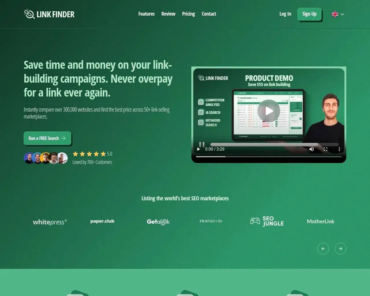 Page d'accueil de Link Finder — titre « Find the best links, at the best prices, in just 10 seconds » au-dessus d'une barre de recherche gratuite