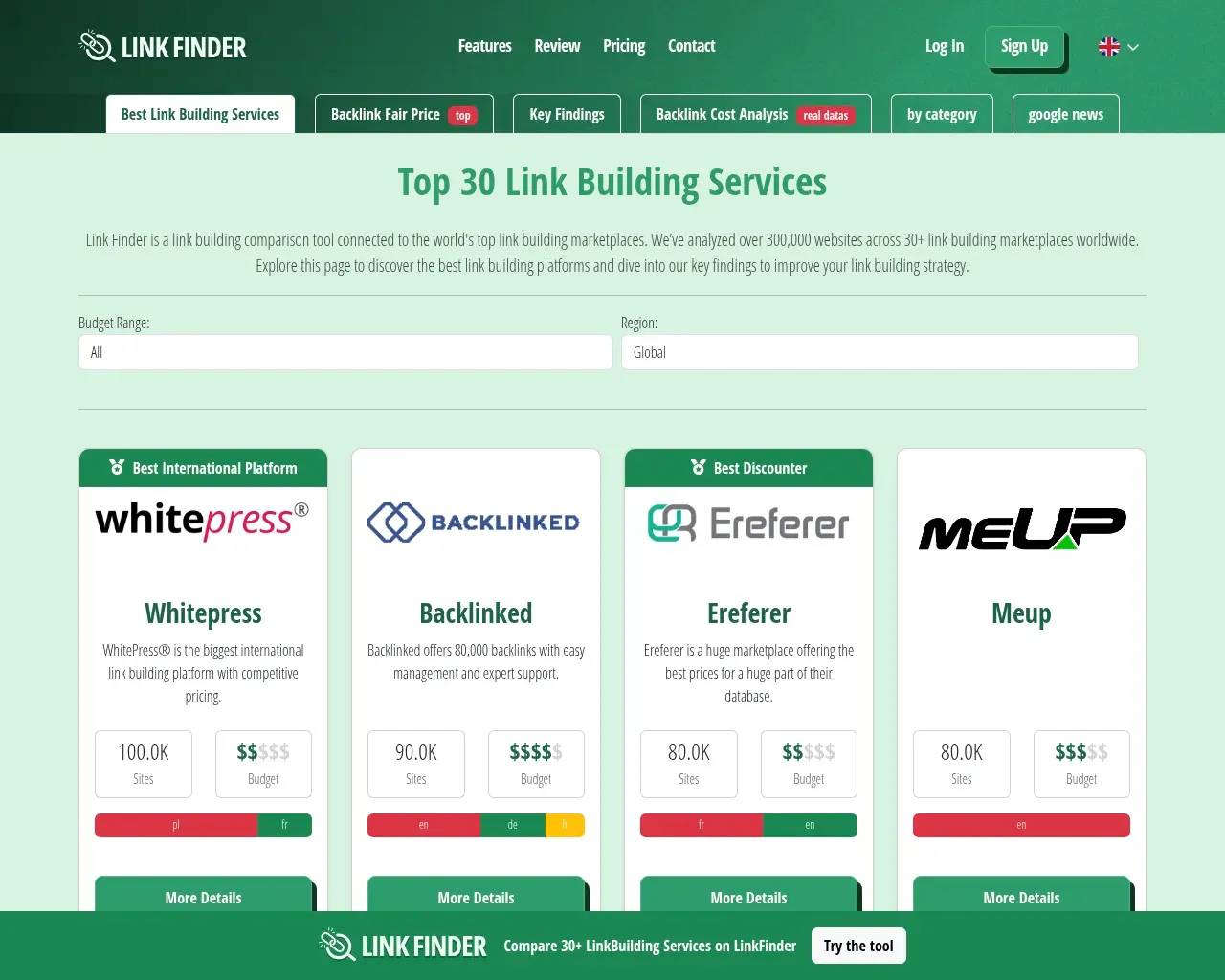 Page des services de link building de Link Finder