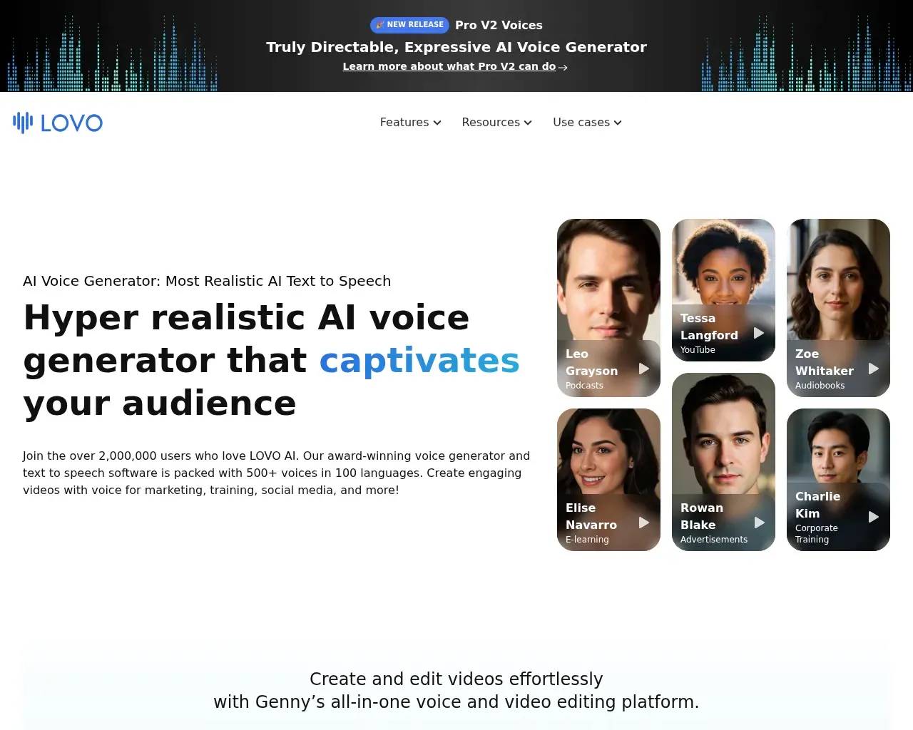 LOVO AI homepage — AI voice generator hero