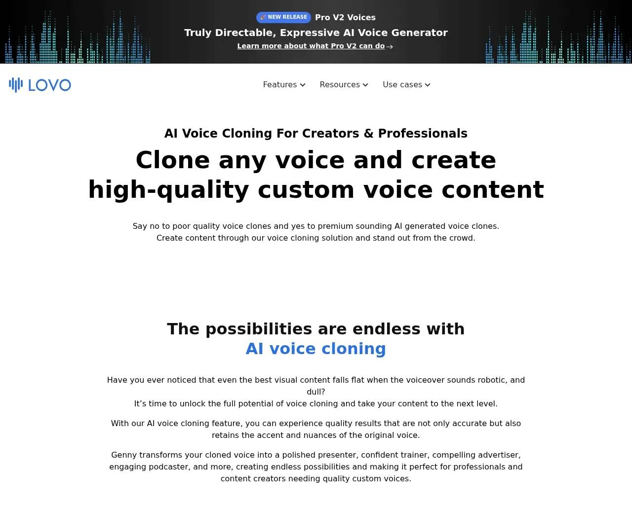 LOVO custom voice cloning feature page