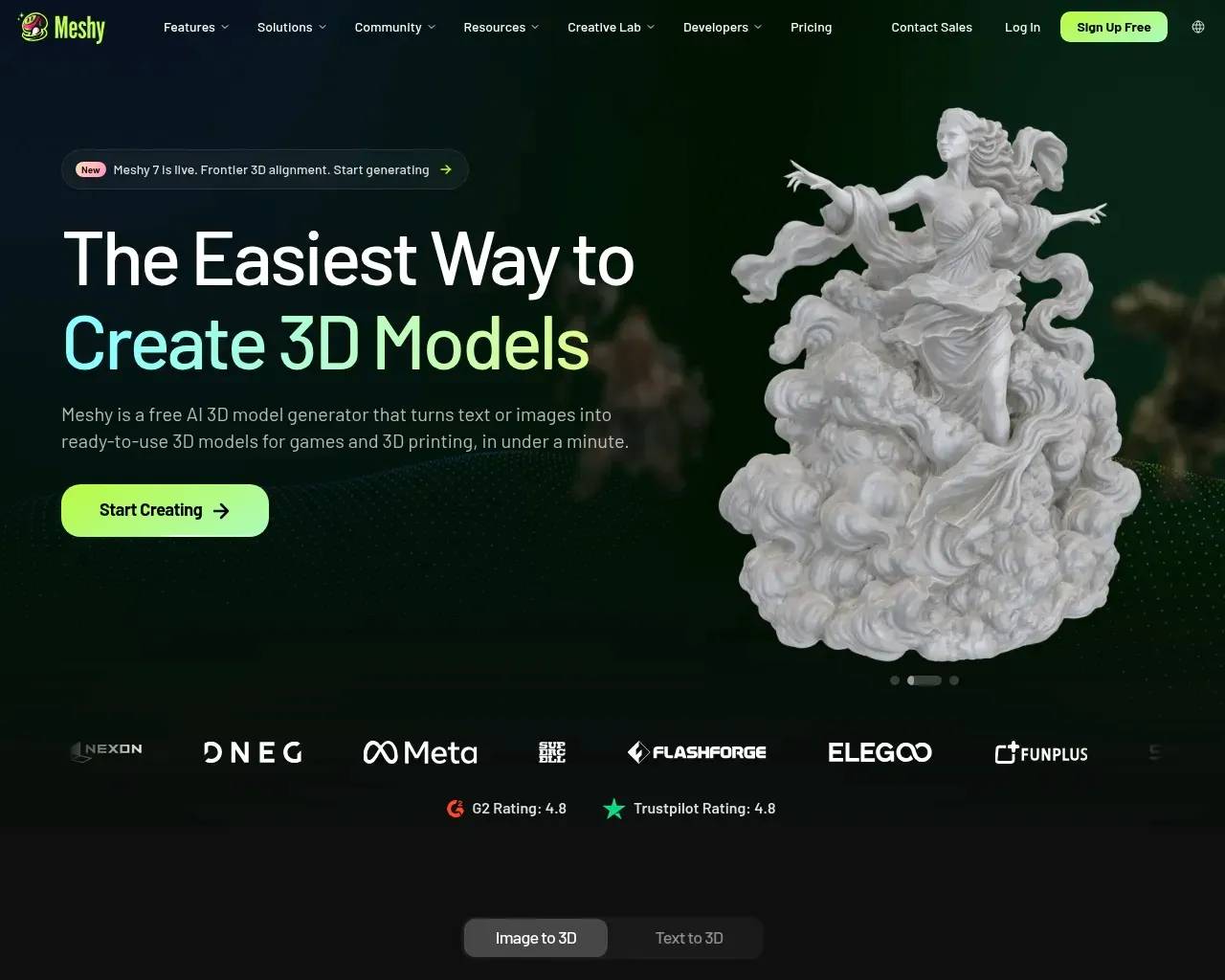 Meshy AI homepage showing its text-to-3D and image-to-3D generator