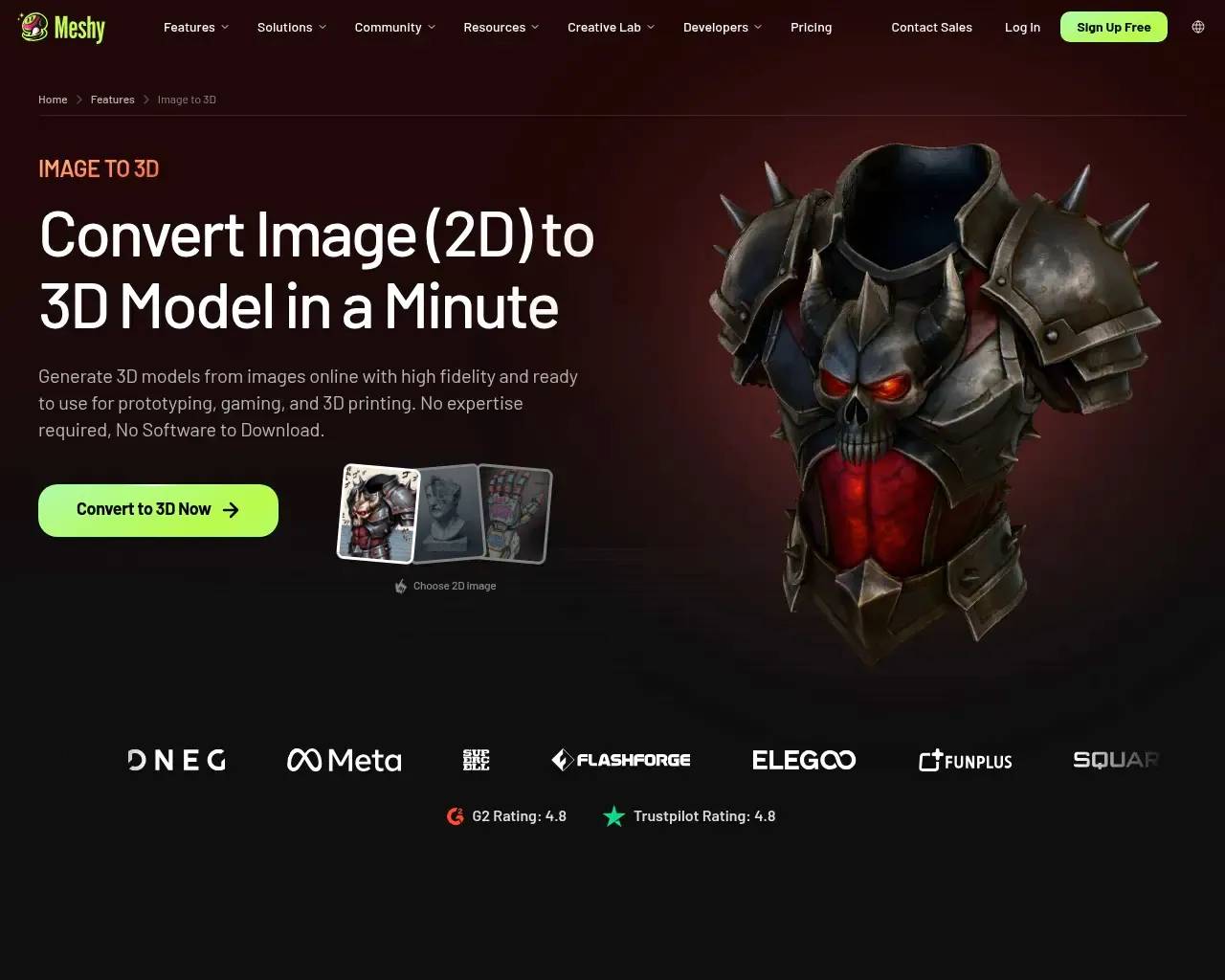 Meshy AI image-to-3D feature page