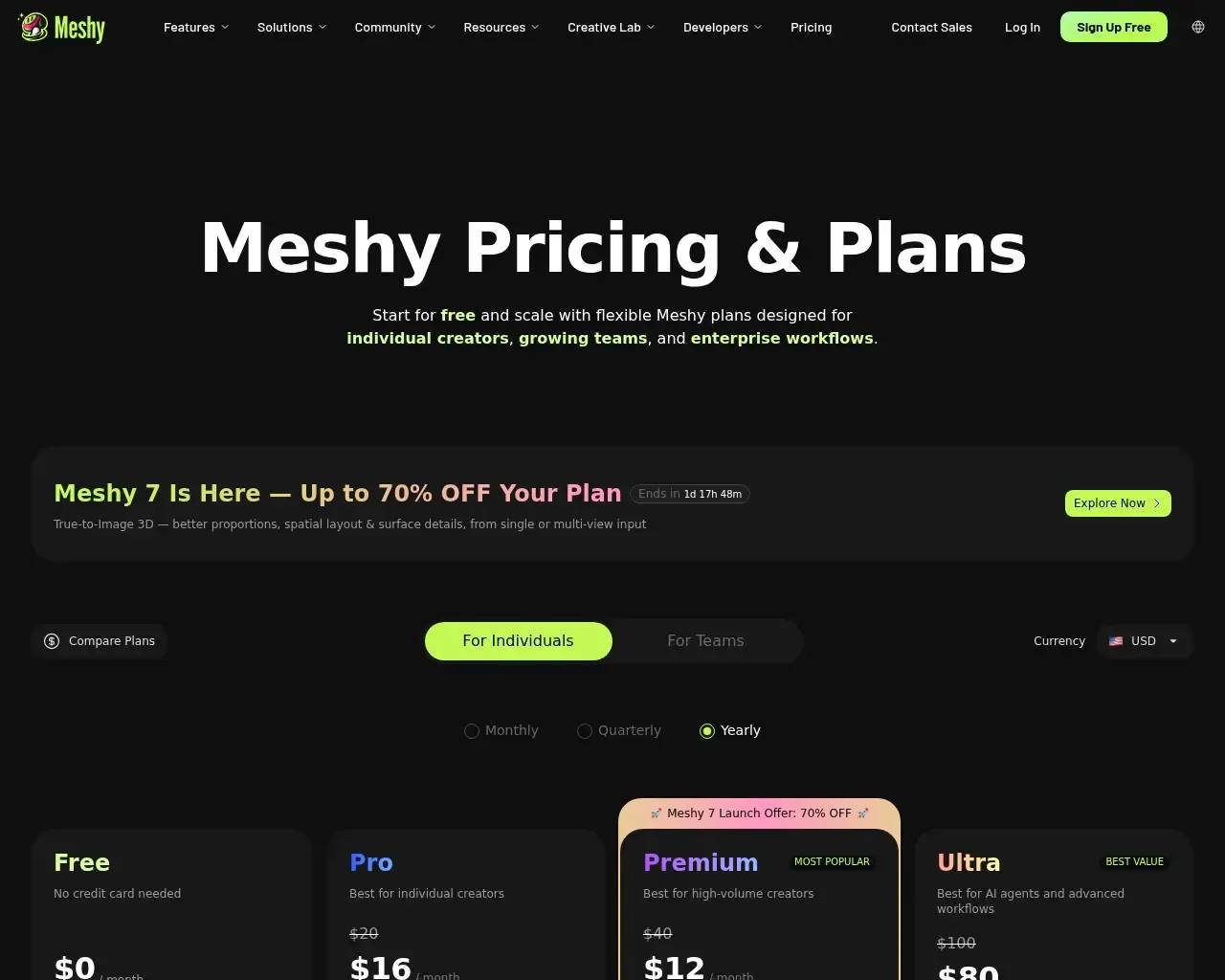 Meshy AI pricing page with Free, Pro, and higher tiers