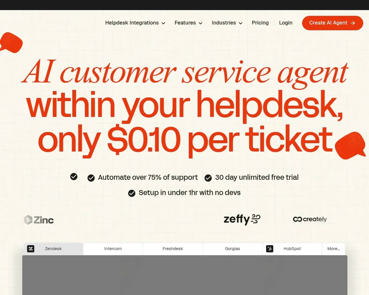 My AskAI homepage — hero reading "AI customer service agent within your helpdesk, only $0.10 per ticket", with integration tabs for Zendesk, Intercom, Freshdesk, Gorgias and HubSpot