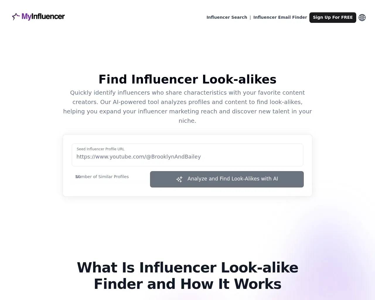 MyInfluencer's Look-Alike finder — paste a seed influencer profile and choose how many similar creators to return, then "Analyze and Find Look-Alikes with AI"