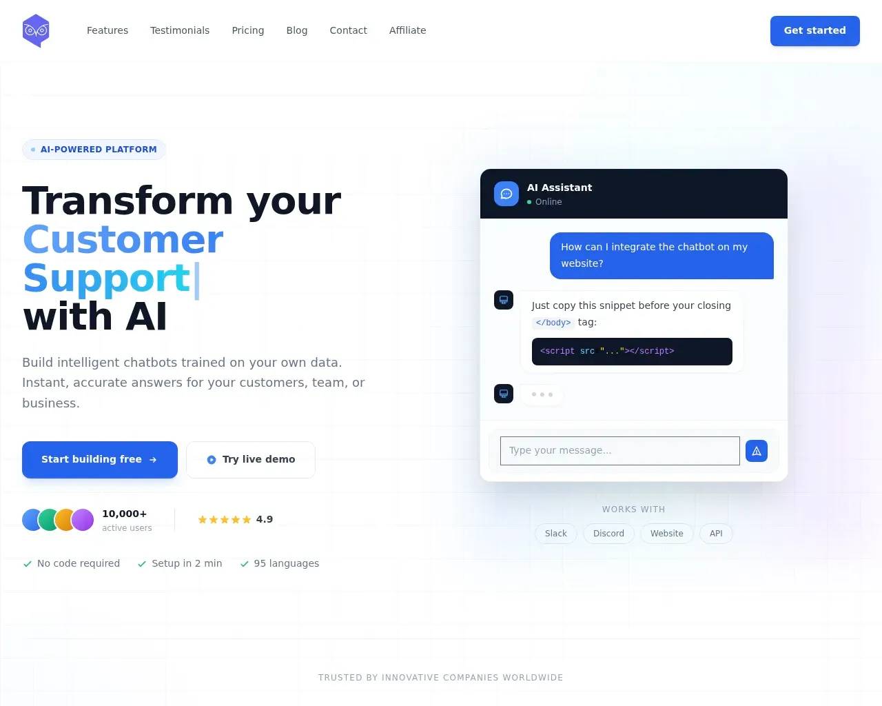 Owlbot homepage — "Transform your Customer Support with AI" hero with a live chat demo