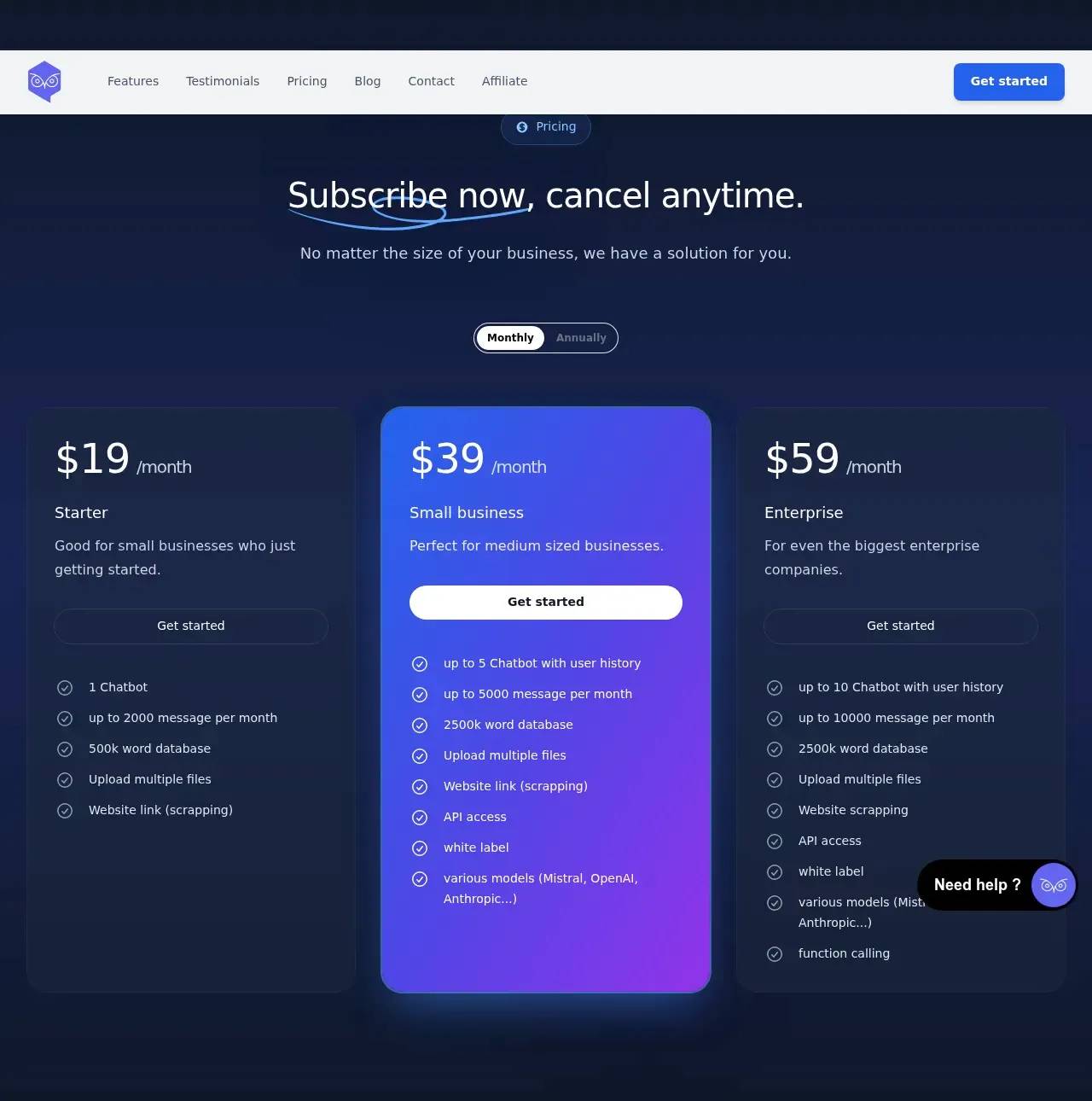 Owlbot pricing — Starter $19, Small business $39, Enterprise $59 per month
