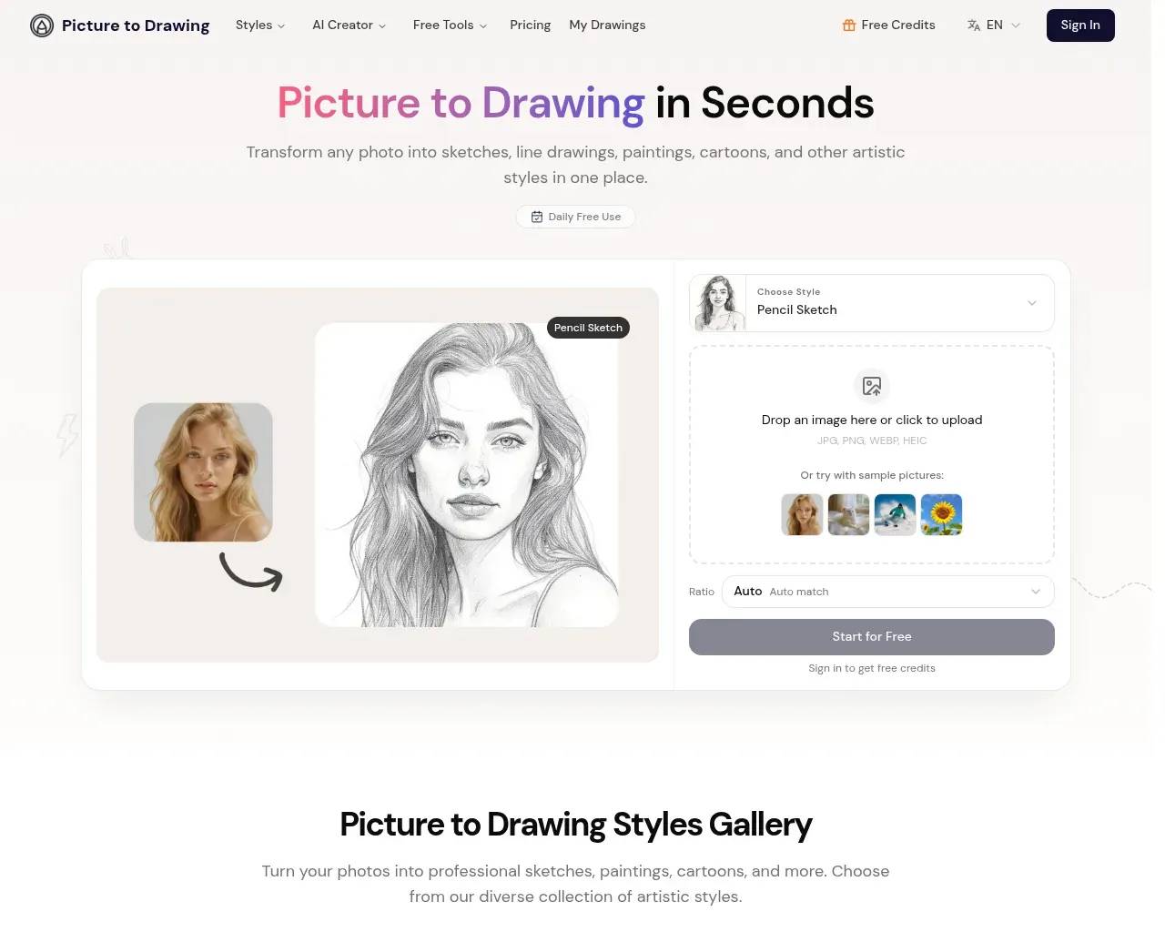 Picture to Drawing homepage with the upload box and a pencil-sketch sample