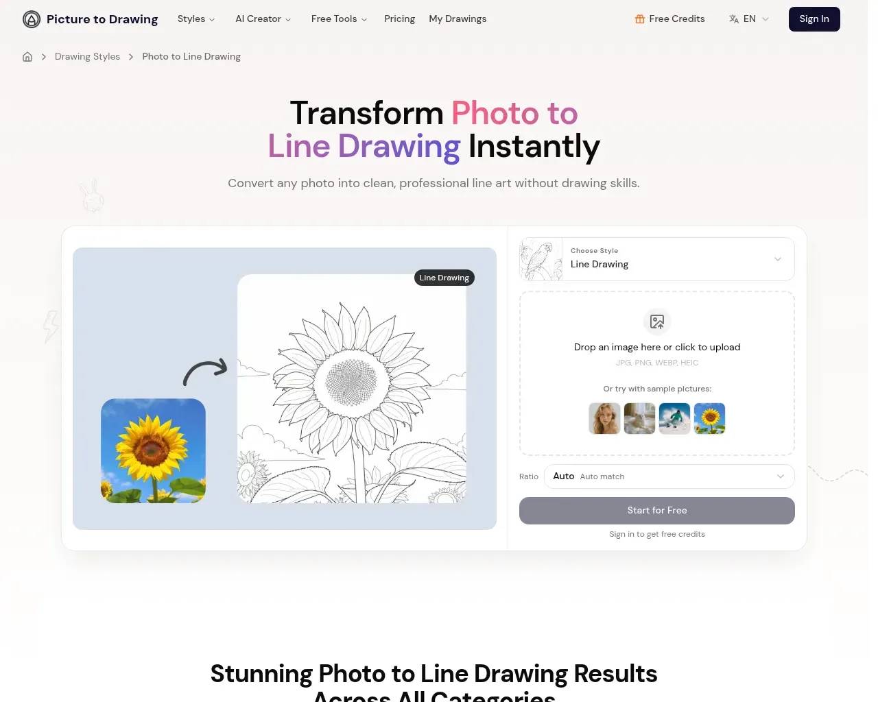 The photo-to-line-drawing page turning a sunflower photo into clean line art