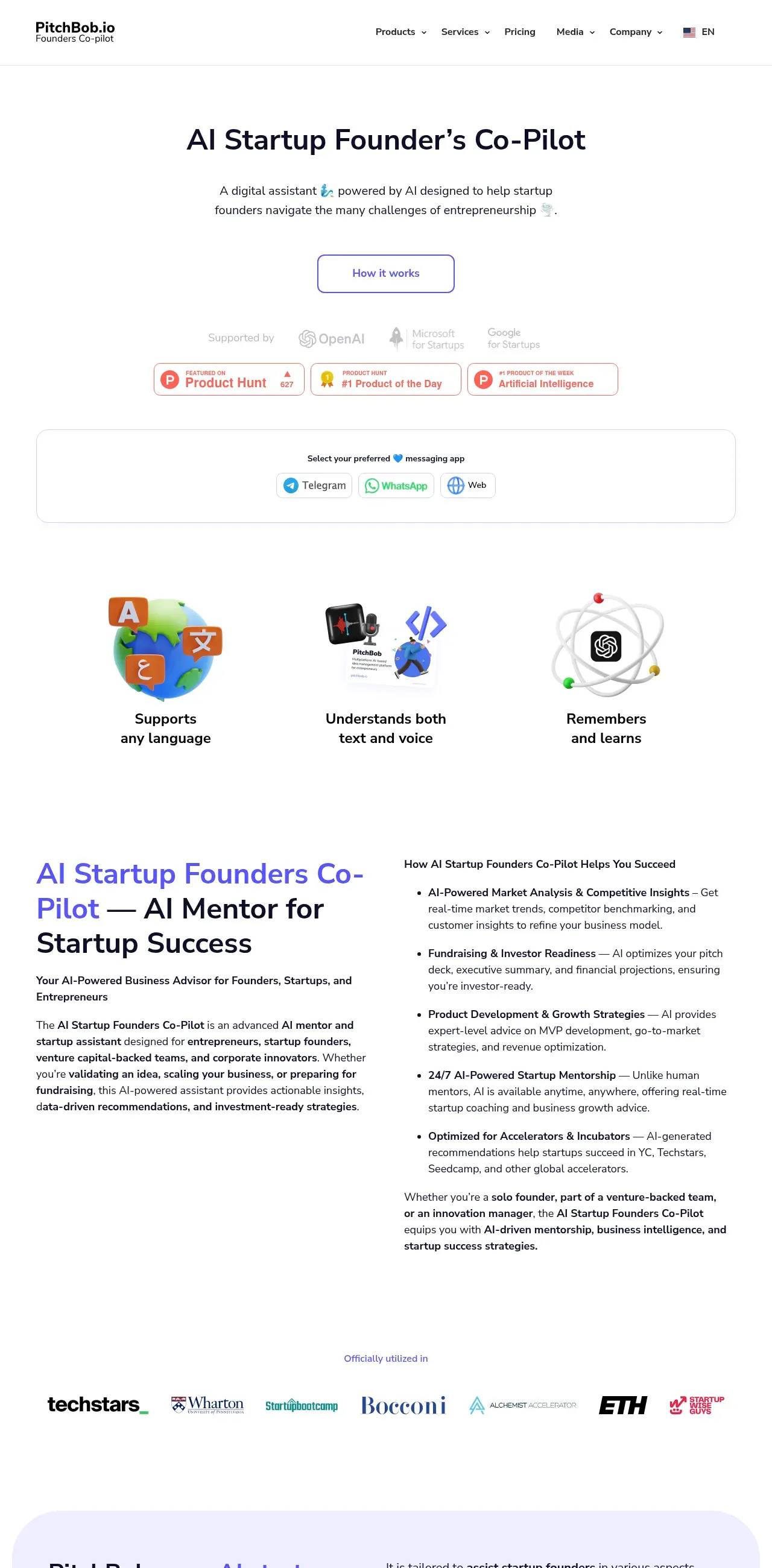 PitchBob's AI Startup Founder's Co-Pilot page, showing the messaging-app launcher and feature pillars like market analysis, fundraising readiness, and 24/7 mentorship