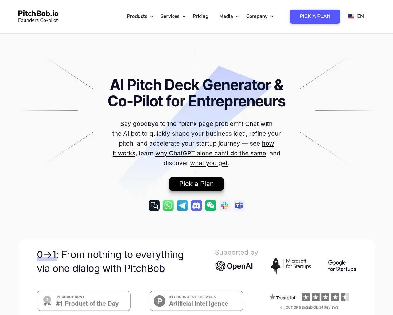 PitchBob.io homepage — the "AI Pitch Deck Generator & Co-Pilot for Entrepreneurs" hero with the line "Say goodbye to the blank page problem" and a Pick a Plan button