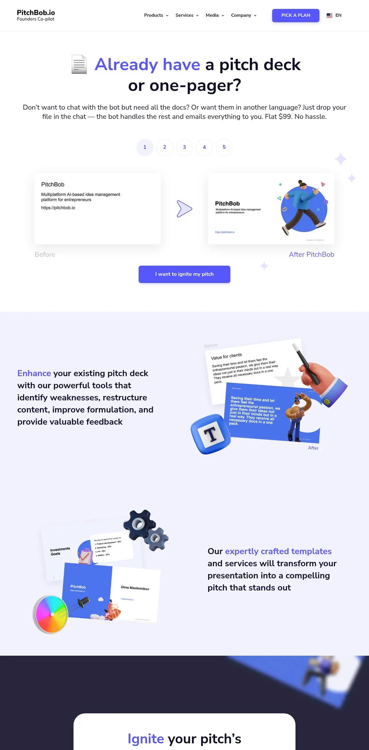 PitchBob's Improve Pitch Deck page — drop an existing deck or one-pager into the chat and have the AI restructure it, advertised as a flat one-time fee