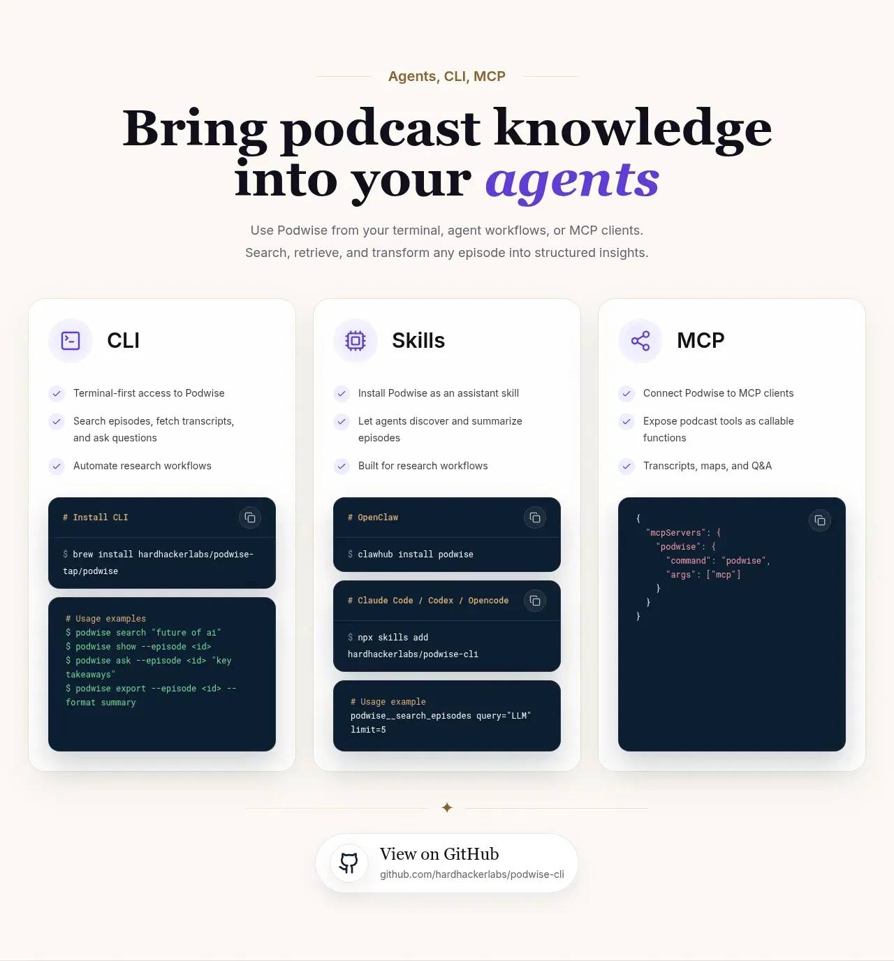 Podwise's developer surface — a CLI, Agent Skills, and an MCP server for using podcast transcripts inside agent workflows
