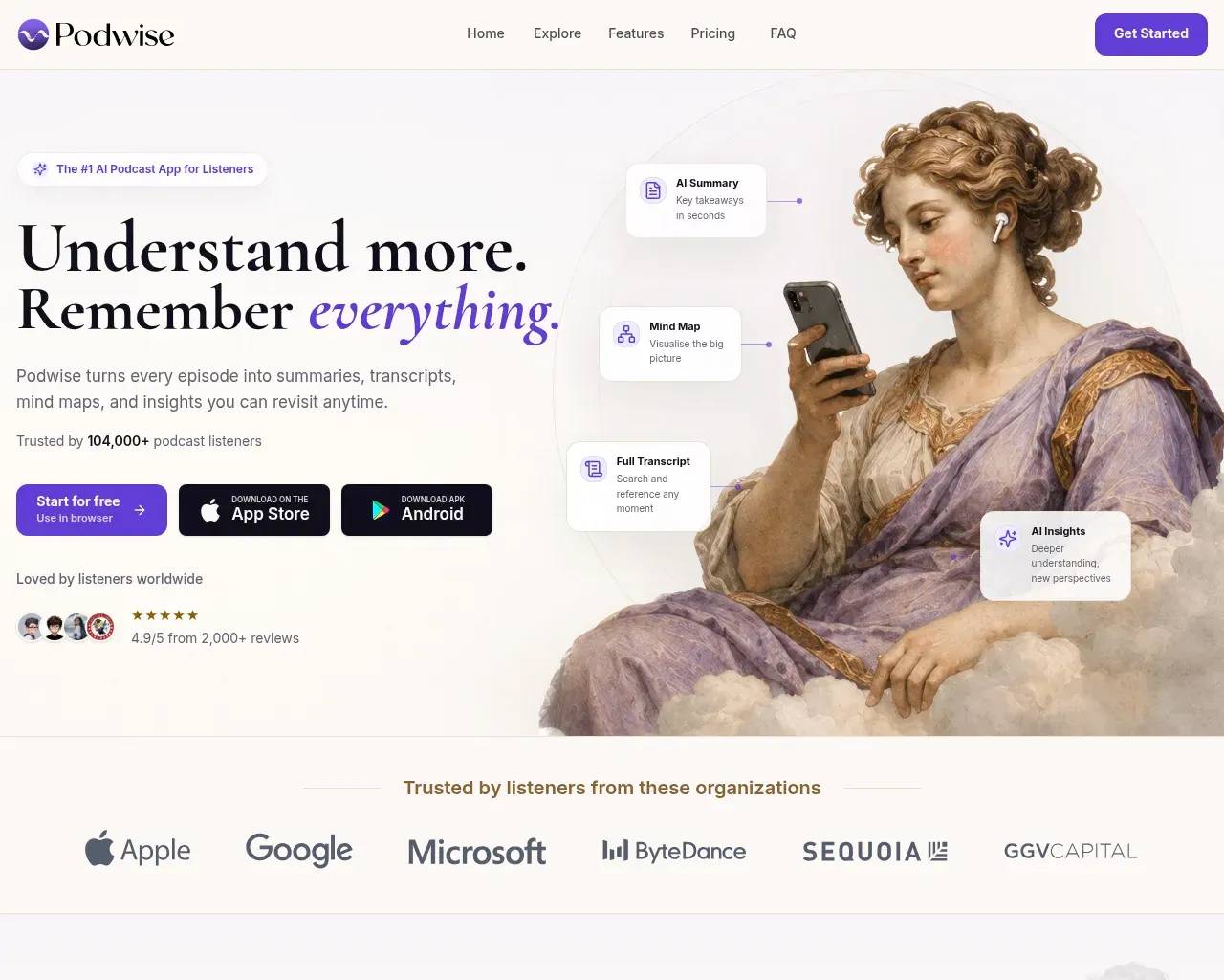 Podwise homepage hero — "The #1 AI Podcast App for Listeners," turning episodes into summaries, transcripts and mind maps