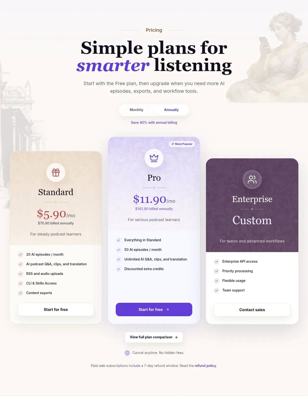 Podwise pricing — Free, Standard, and Pro tiers plus Enterprise, with a 40%-off annual toggle