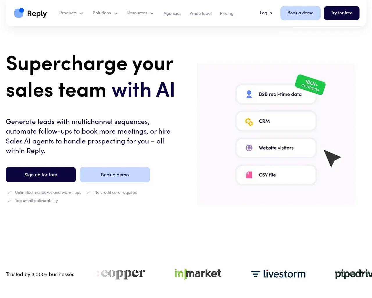 Reply.io homepage — AI sales outreach platform with multichannel sequences and an AI SDR
