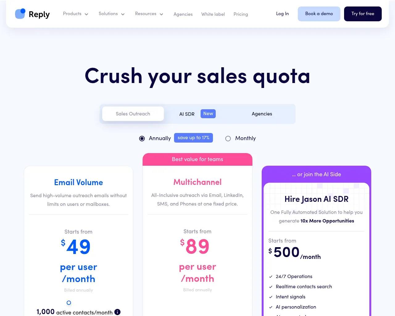 Reply.io pricing page — usage-based Sales Outreach tiers with per-channel add-ons