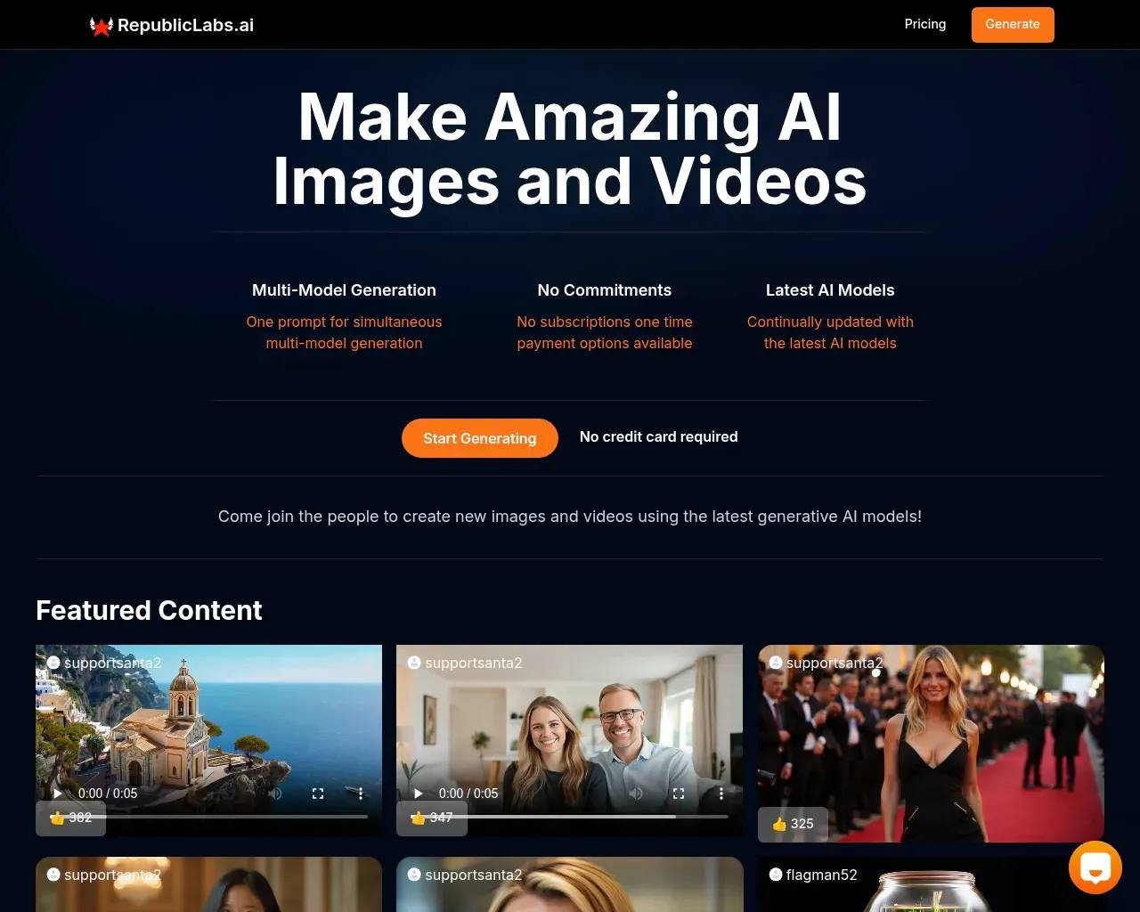 Главная страница RepublicLabs.ai, на которой показана мультимодельная игровая площадка для ИИ-генерации изображений и видео с живой лентой общественной галереи