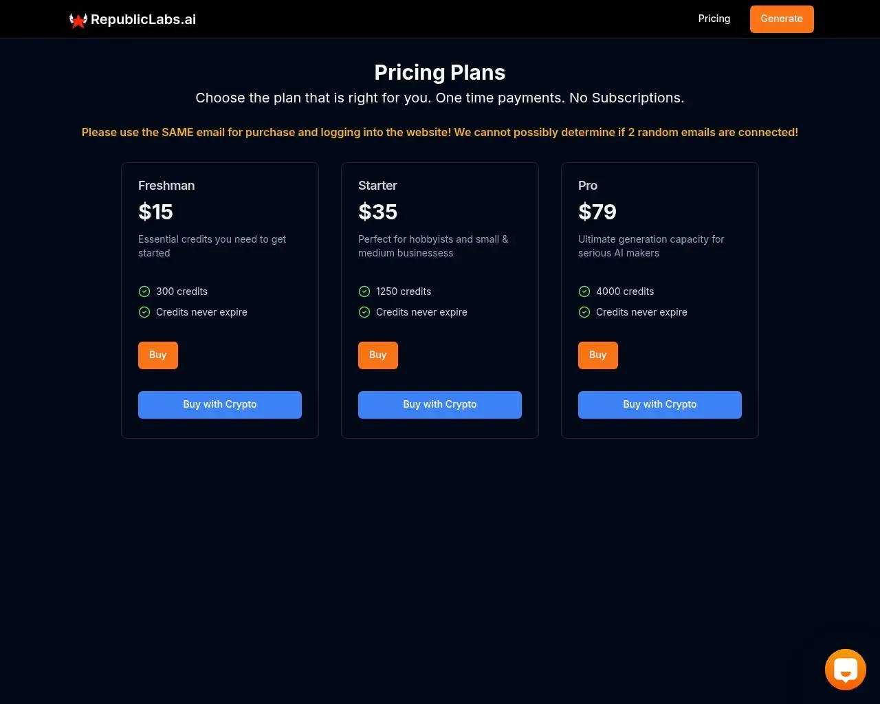 Страница цен RepublicLabs.ai, на которой показаны три единовременных пакета кредитов с бессрочными кредитами