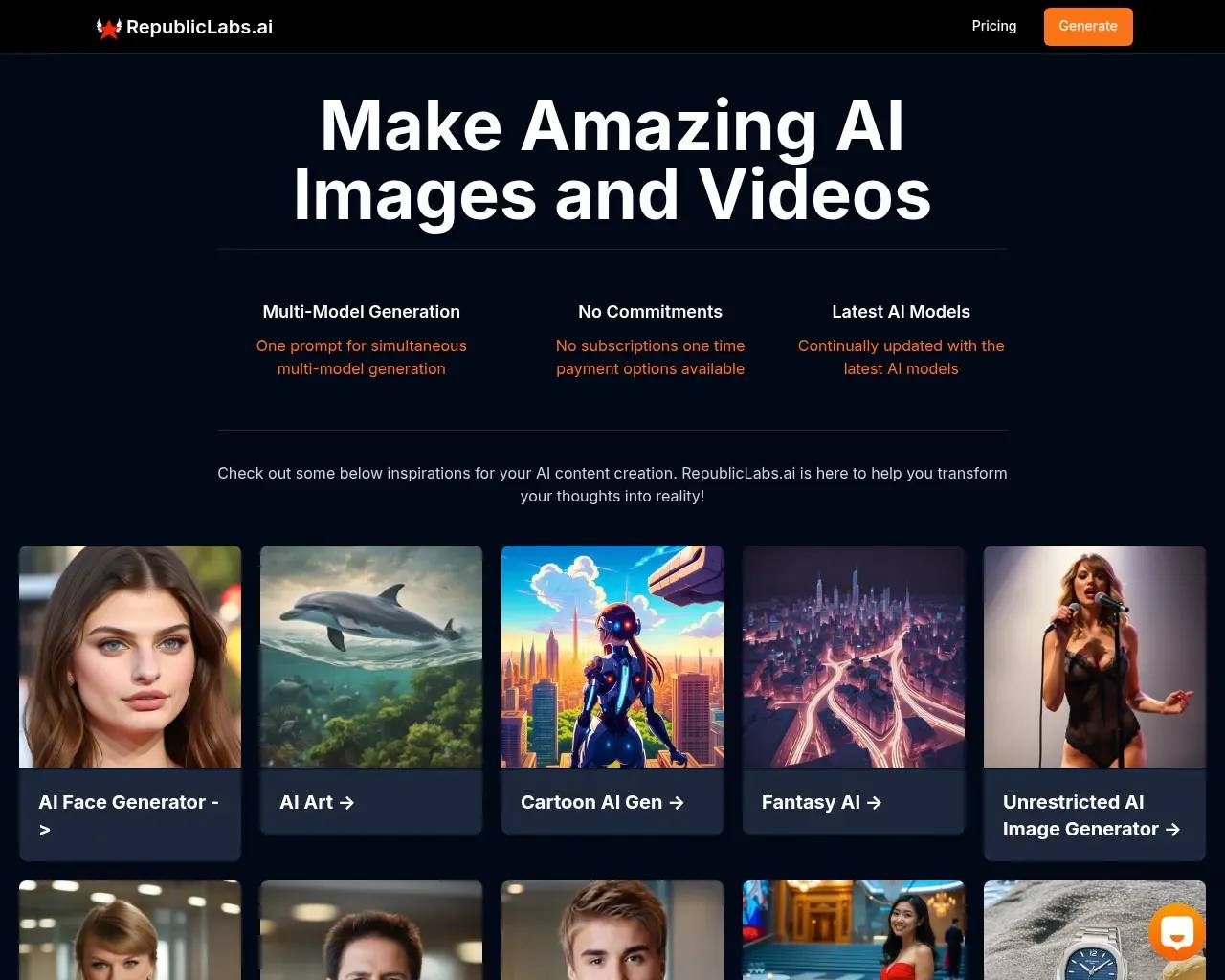 Индекс инструментов генеративного ИИ RepublicLabs.ai, в котором перечислены десятки моделей изображений и видео и инструментов для различных сценариев использования