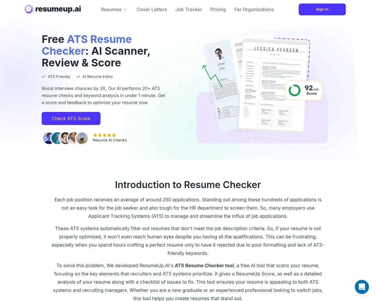 Page de l'outil de vérification de CV ATS de ResumeUp.AI