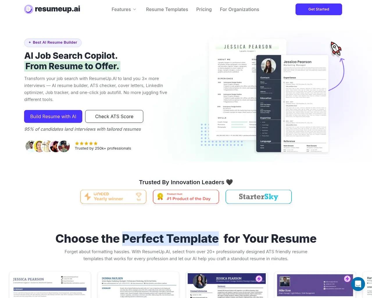 Page d'accueil de ResumeUp.AI — Héros du Copilote IA pour la Recherche d'Emploi avec le titre "From Resume to Offer"