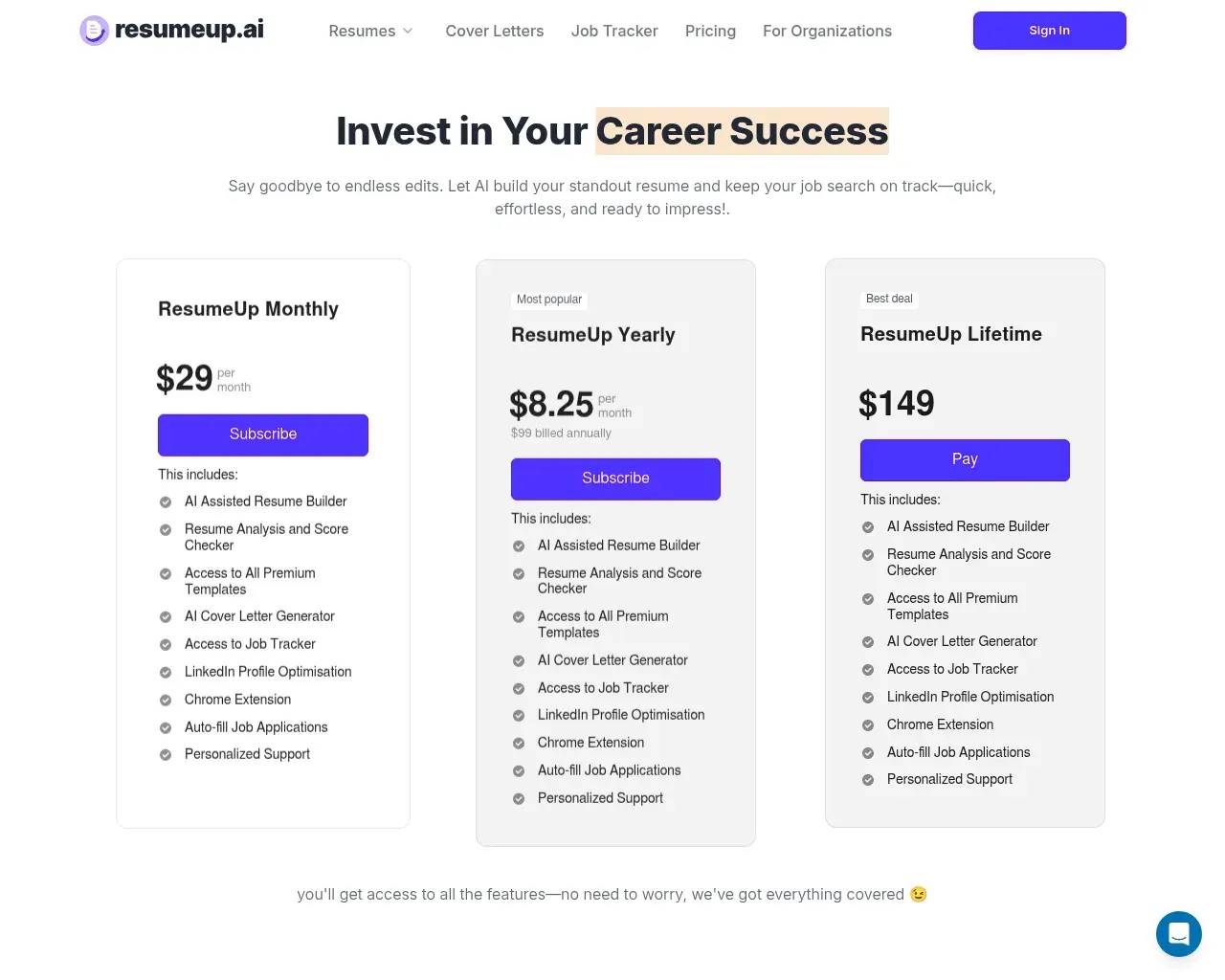 Page de tarification de ResumeUp.AI — niveau gratuit plus plans premium mensuel, trimestriel et annuel
