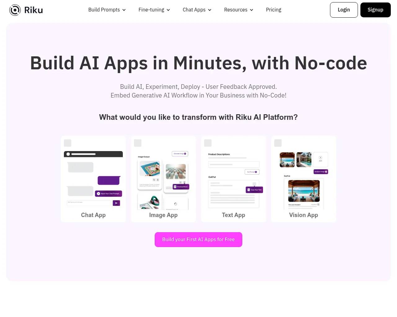 Riku.AI homepage — "Build AI Apps in Minutes, with No-code" with Chat, Image, Text and Vision app builders