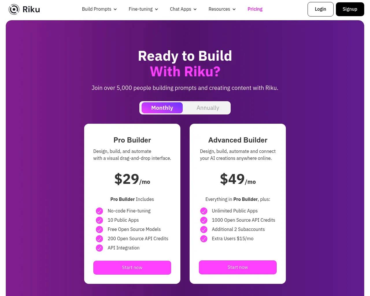 Riku.AI pricing — Pro Builder and Advanced Builder tiers with a five-day free trial