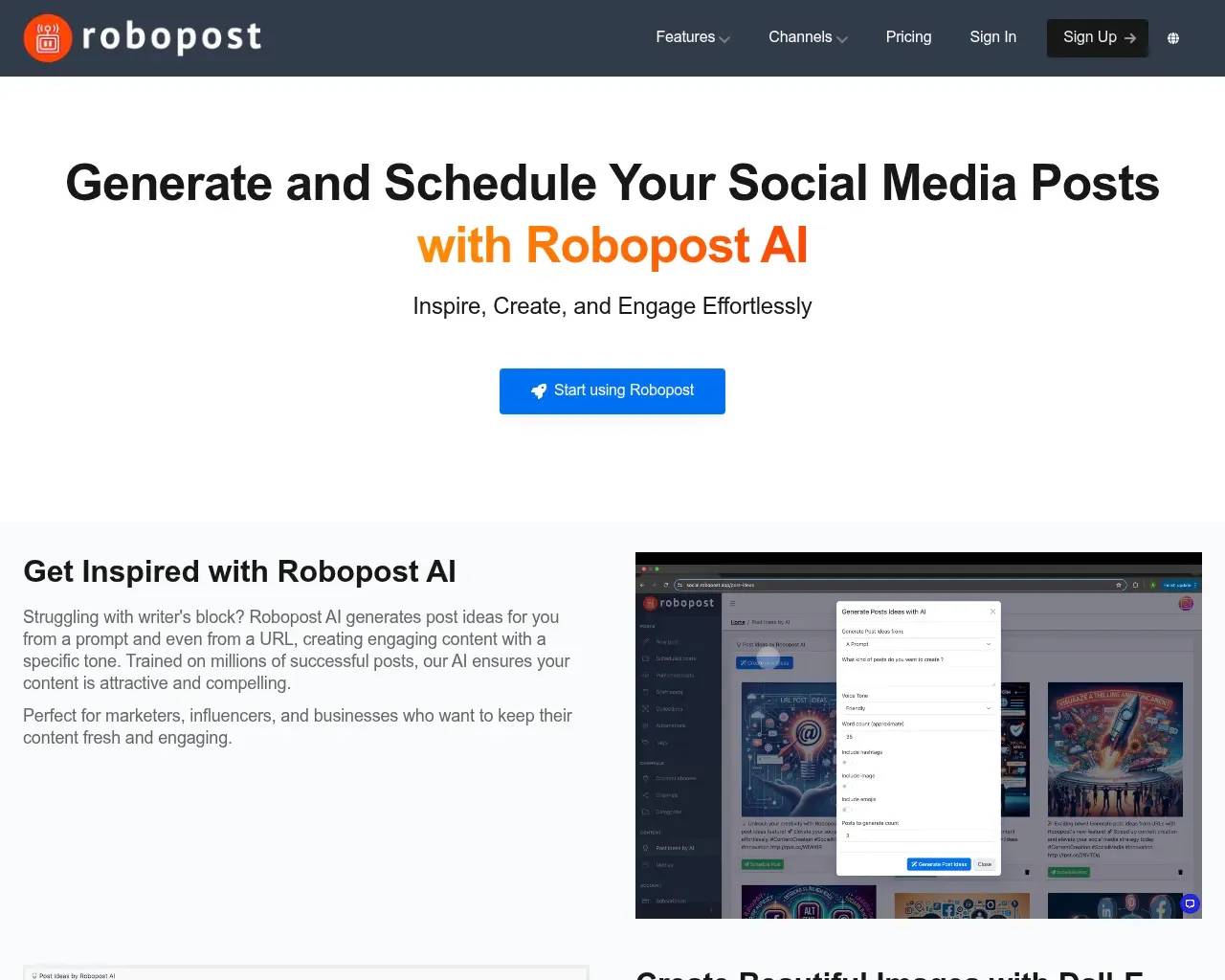 Robopost AI feature page describing post-idea and image generation