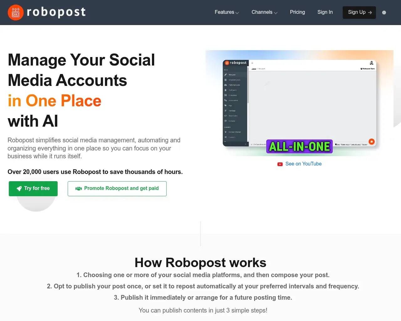Robopost homepage — "Manage your social media accounts in one place with AI" with a dashboard preview