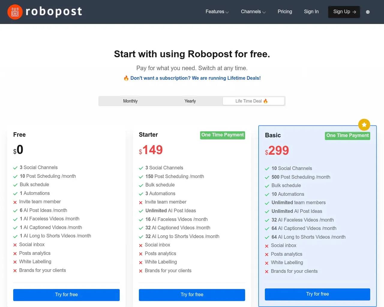 Robopost pricing — Free, Starter $149, and Basic $299 one-time plans with feature checklists