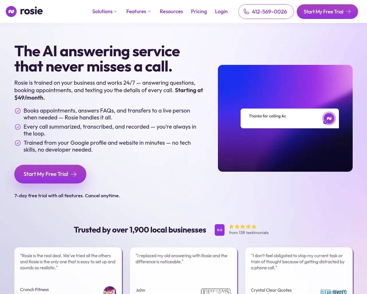 Rosie homepage — "The AI answering service that never misses a call" hero with a 5.0 rating badge from 138 testimonials