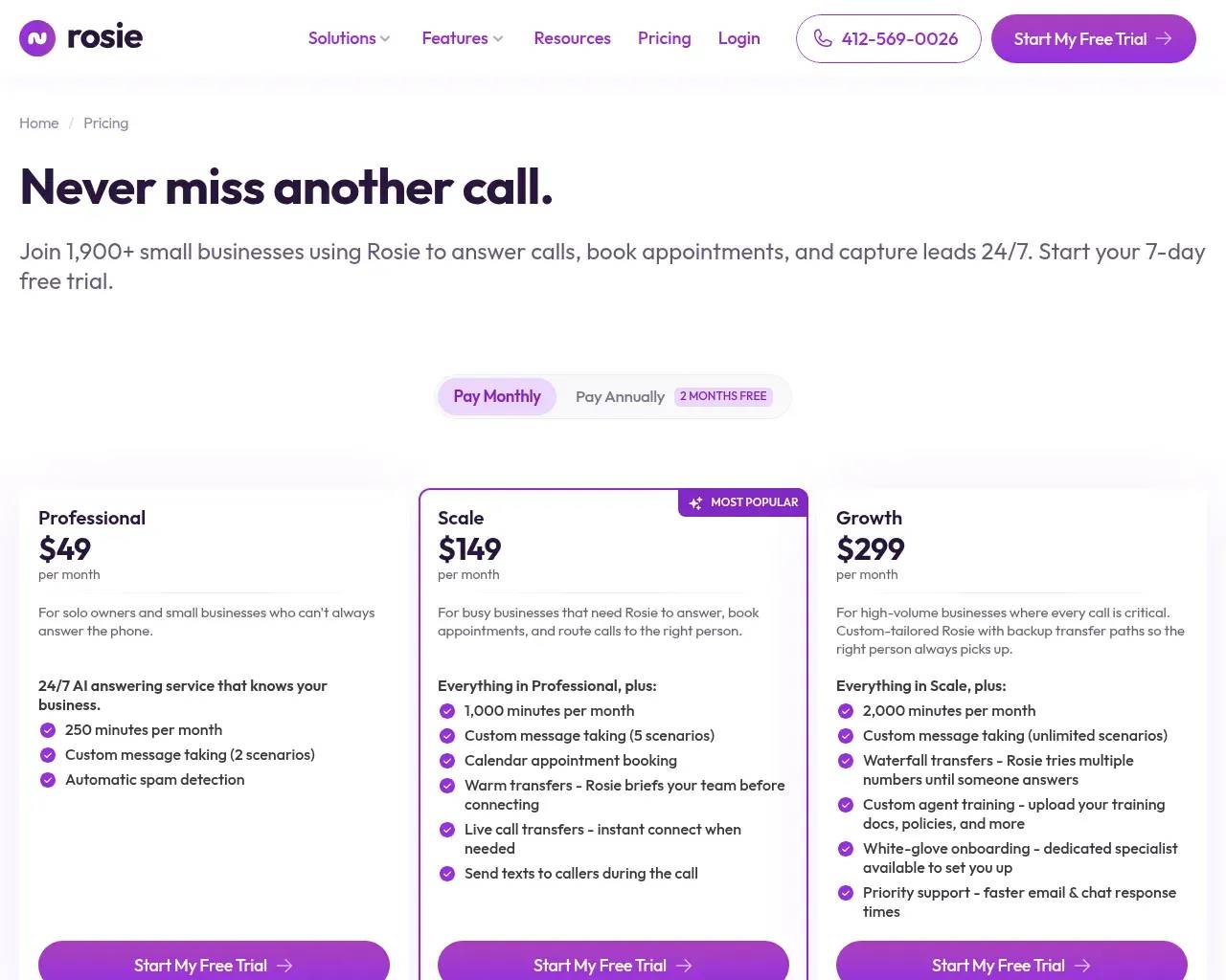 Rosie pricing page — Professional $49, Scale $149 (Most Popular), and Growth $299 monthly tiers