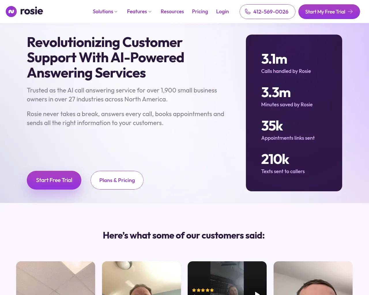 Rosie's stats panel — 3.1M calls handled, 3.3M minutes saved, 35K appointment links, 210K texts sent, alongside customer video testimonials