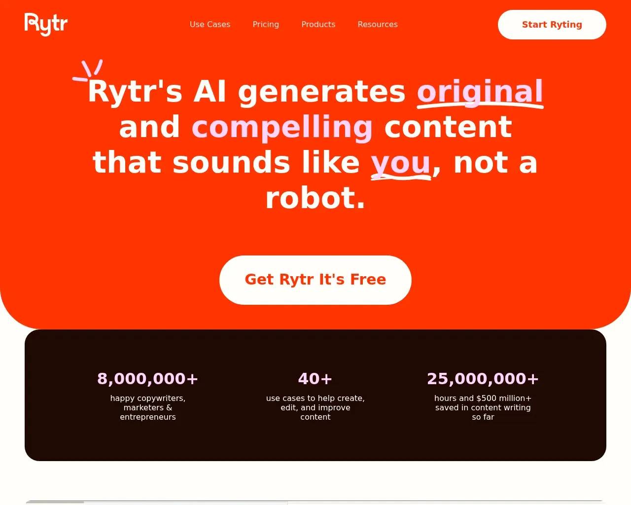 Rytr homepage — the AI writing assistant landing page with its headline and usage stats